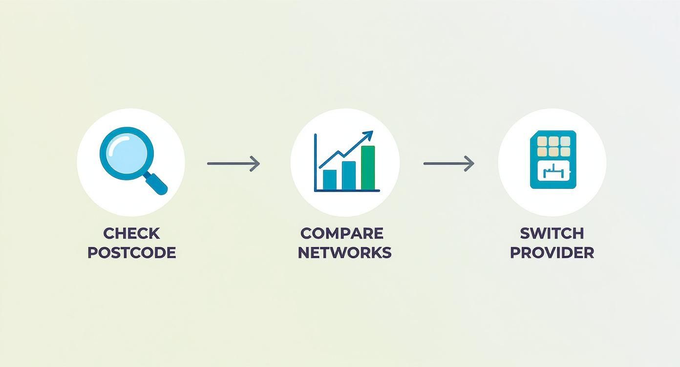 Infographic decision tree for finding the best mobile network, showing steps: Check Postcode, Compare Networks, Switch Provider.