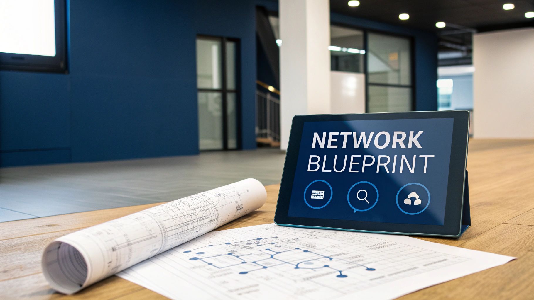 A tablet displaying 'NETWORK BLUEPRINT' with plans on a table in an office setting.