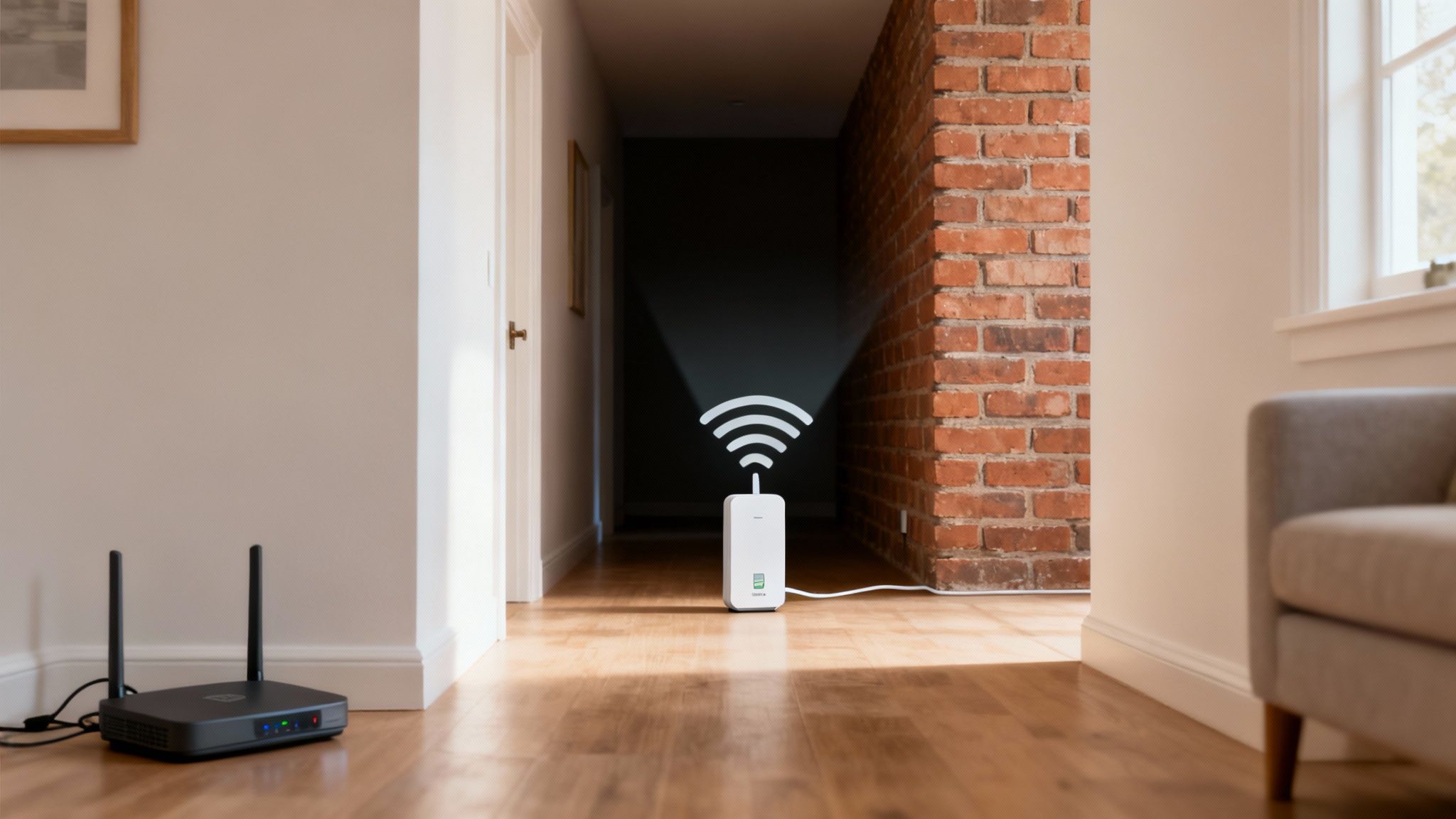 WiFi router and range extender displaying wireless signal transmission in modern home interior