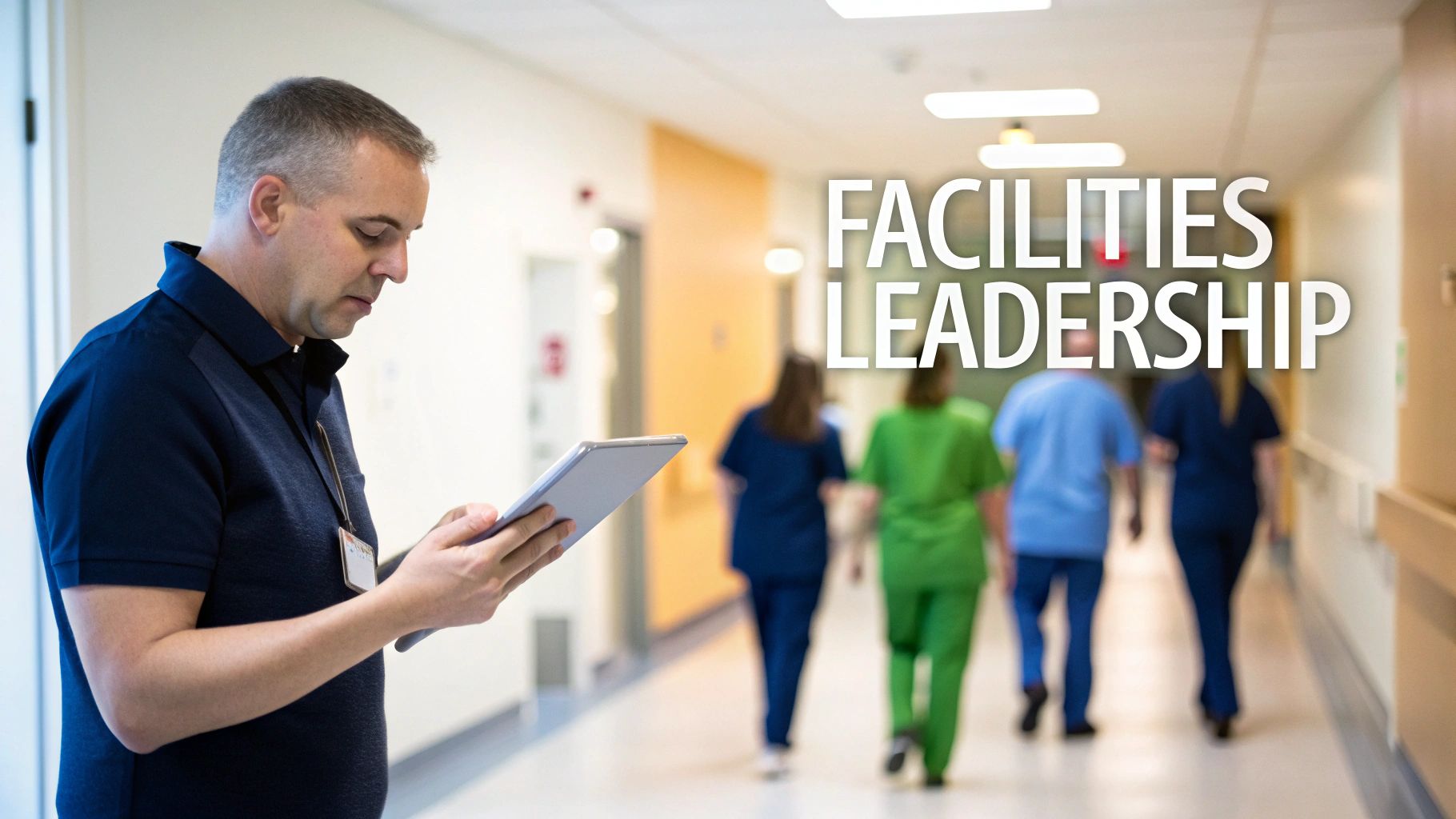 A man in a polo shirt and ID badge uses a tablet in a hospital hallway with blurred medical staff.