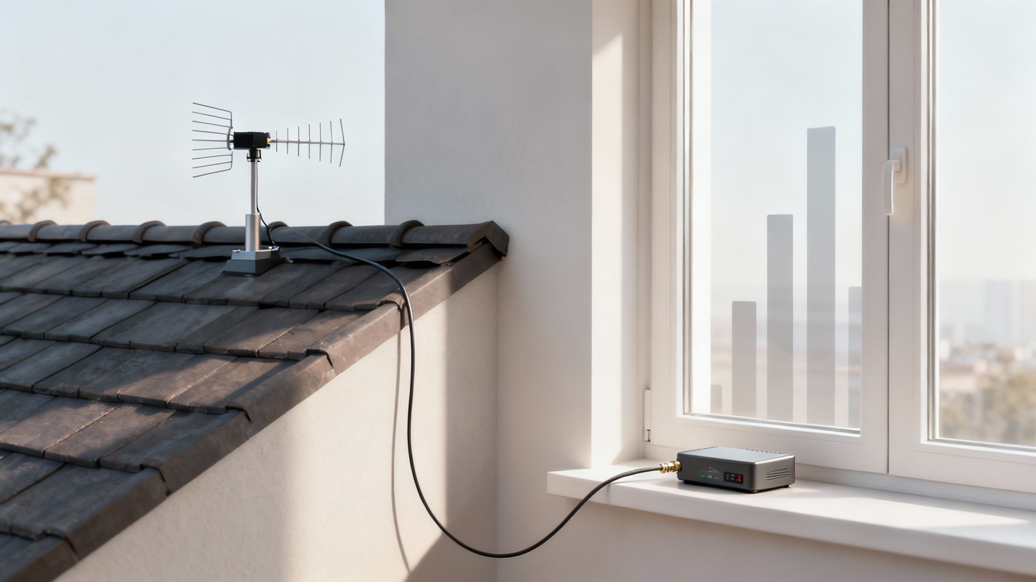 A mobile signal booster kit with an external antenna, amplifier, and internal antenna laid out.