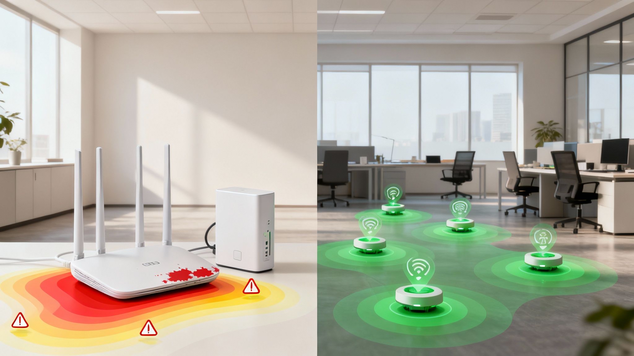 Comparison showing single router with weak coverage versus mesh WiFi system with strong distributed signal