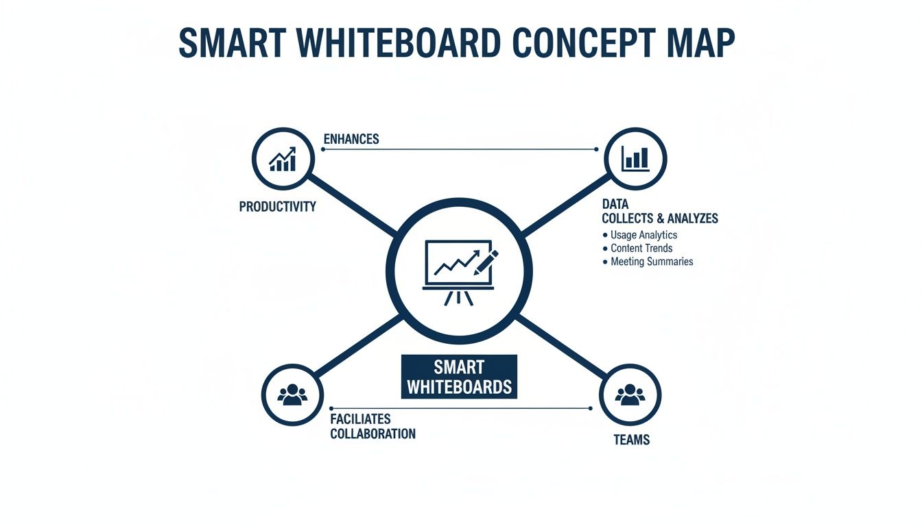 A concept map showing how smart whiteboards enhance productivity, collect data, and facilitate team collaboration.