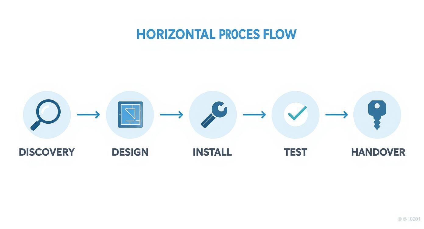 Horizontal process flow diagram showing five steps: Discovery, Design, Install, Test, and Handover with icons.