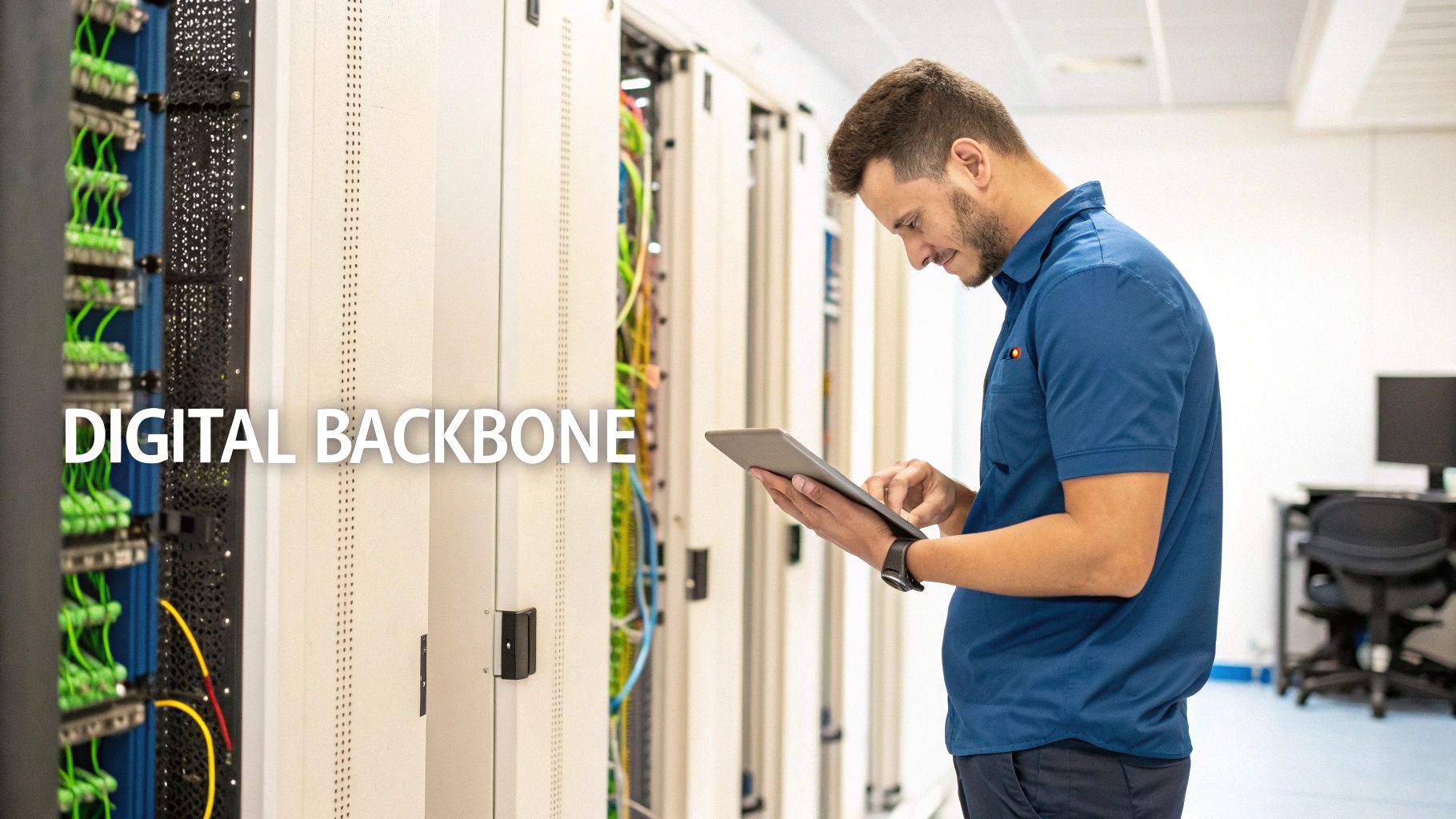 A male technician uses a tablet while standing next to open server racks in a data center.