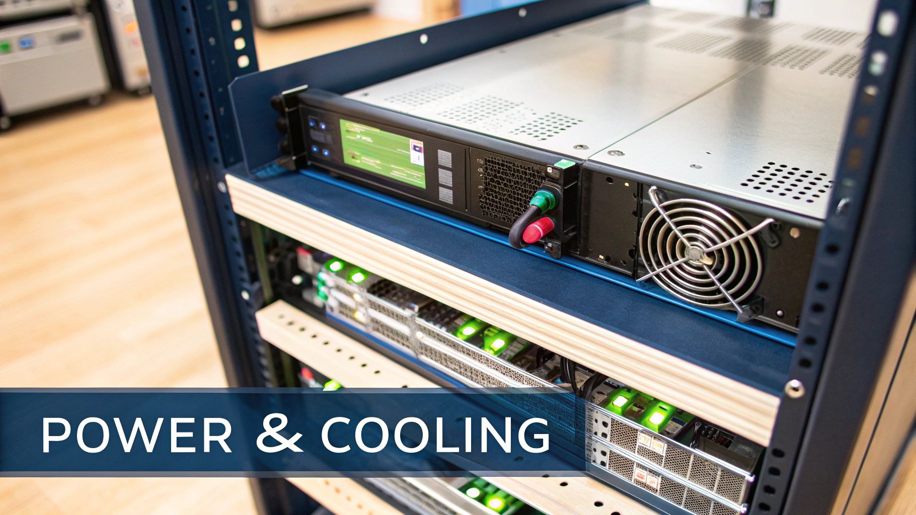 Close-up of a server rack showing electronic equipment, power supplies, and a cooling fan with green indicator lights.