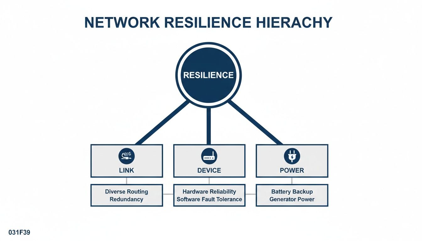A network resilience hierarchy diagram showing link, device, and power as key components and their sub-elements.