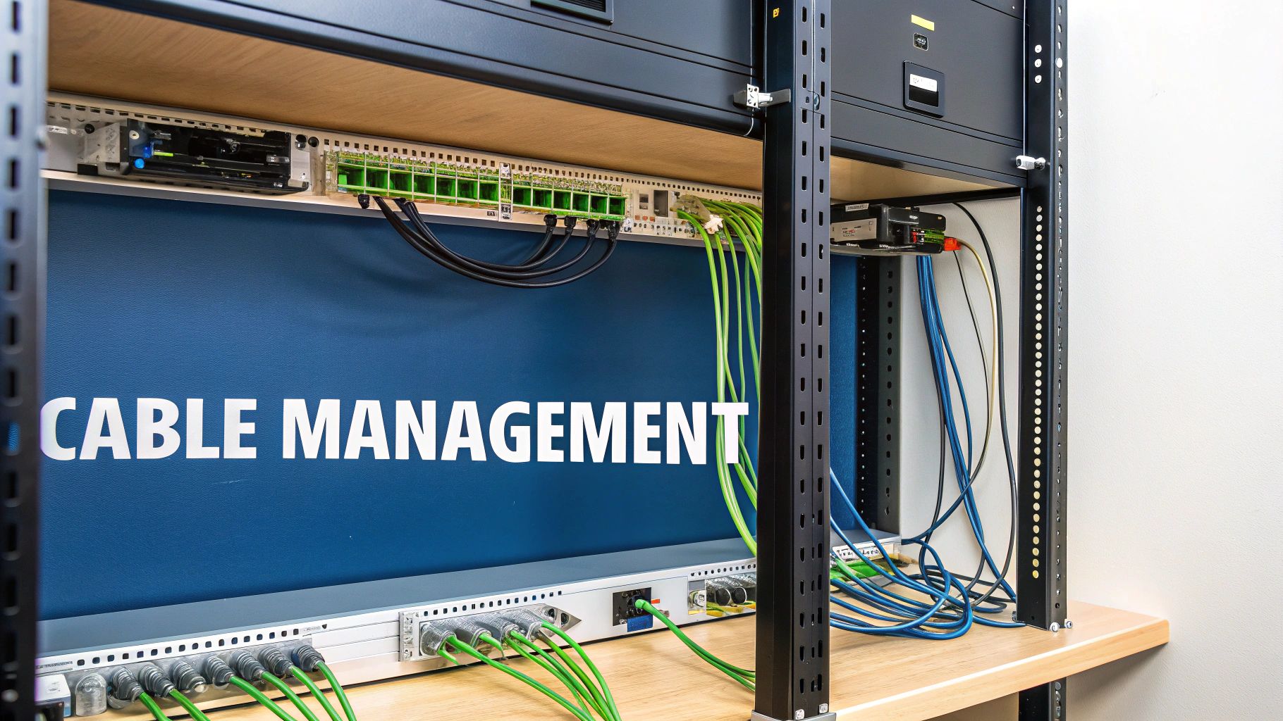 A rack-mounted network system with neatly organized green and black cables, illustrating good cable management.