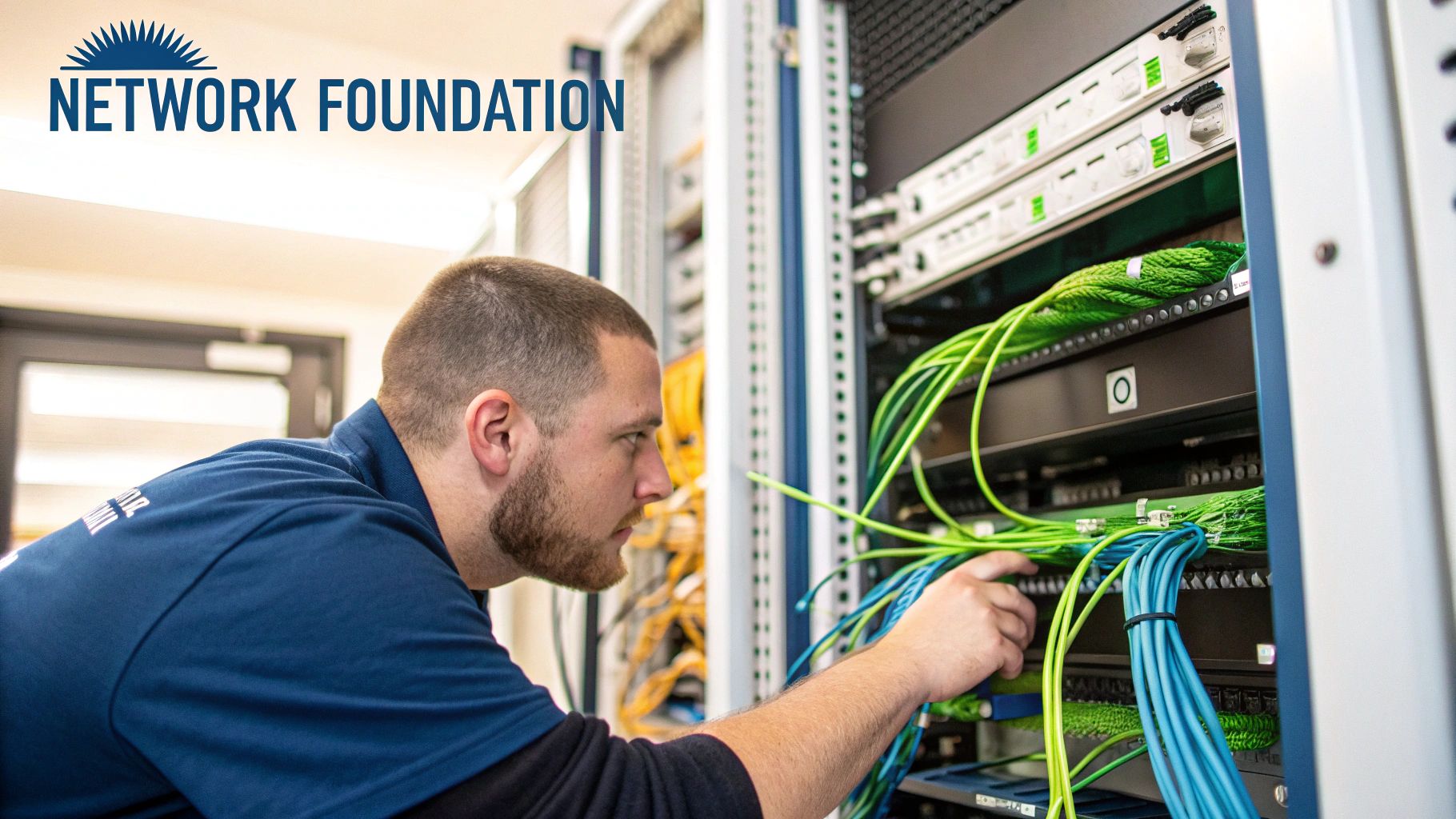 A male network technician works with green and blue cables in a server rack.