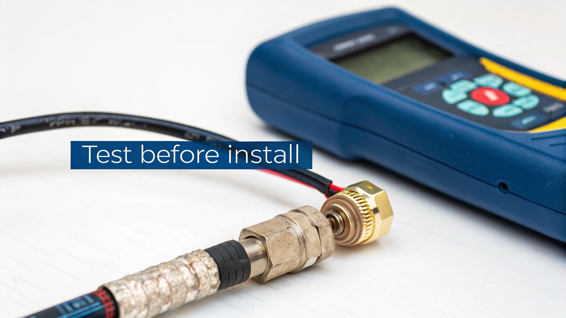 A close-up of a blue signal meter connected to a coaxial cable, emphasizing pre-installation testing.