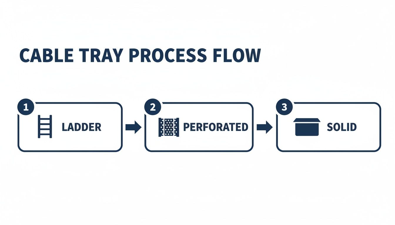 Process flow diagram showing three types of cable trays: Ladder, Perforated, and Solid.