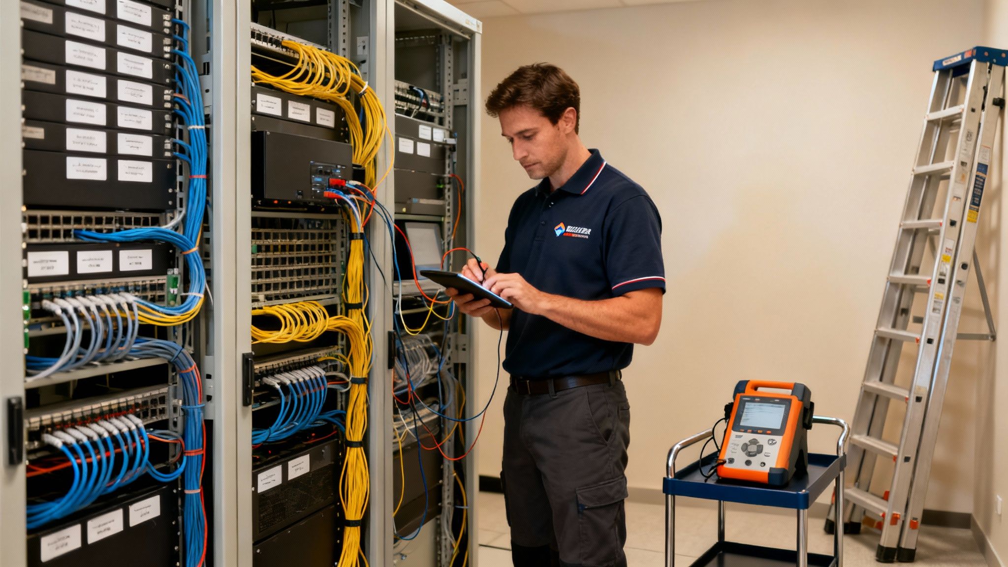 A network engineer managing tidy cables in a server rack.