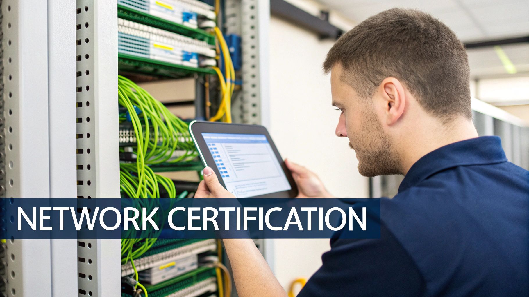 A man in a blue shirt checks a tablet in front of server racks with green cables, showing 'NETWORK CERTIFICATION'.
