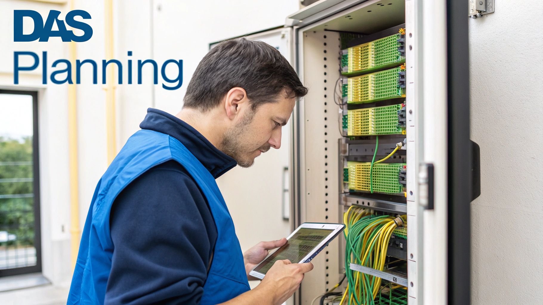 Engineer inspecting network equipment and using a tablet for DAS system planning.