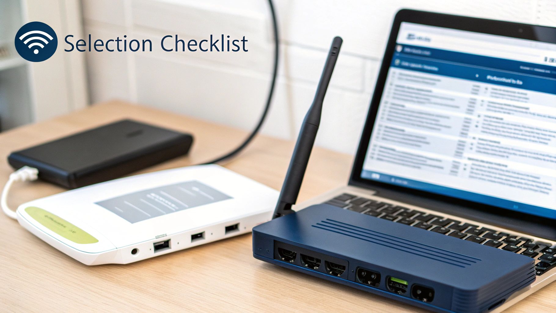 Wireless network devices, including access points and a laptop, displayed on a wooden desk.