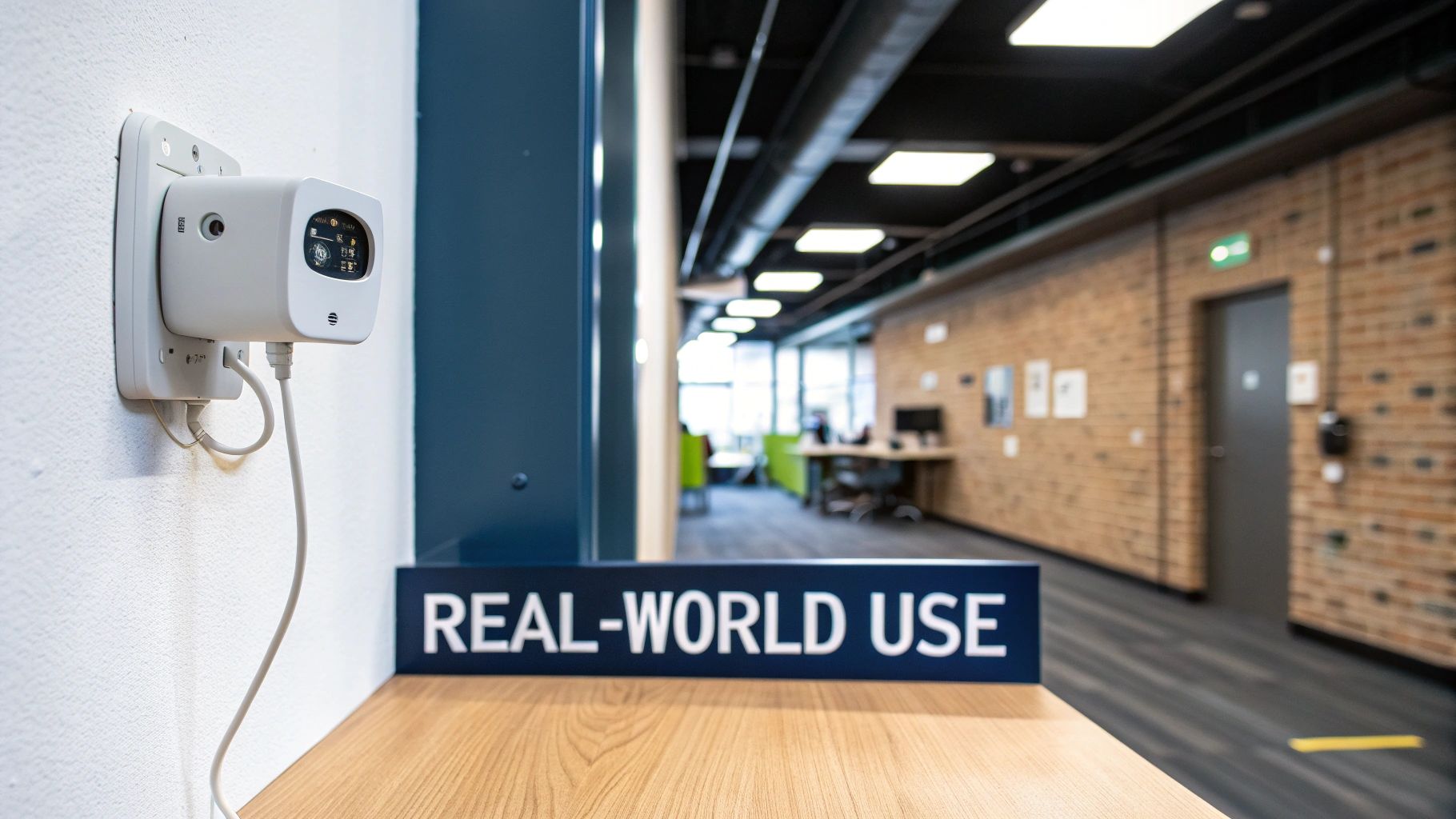 White wall-mounted sensor device and cables, above a 'REAL-WORLD USE' sign in an office hallway.