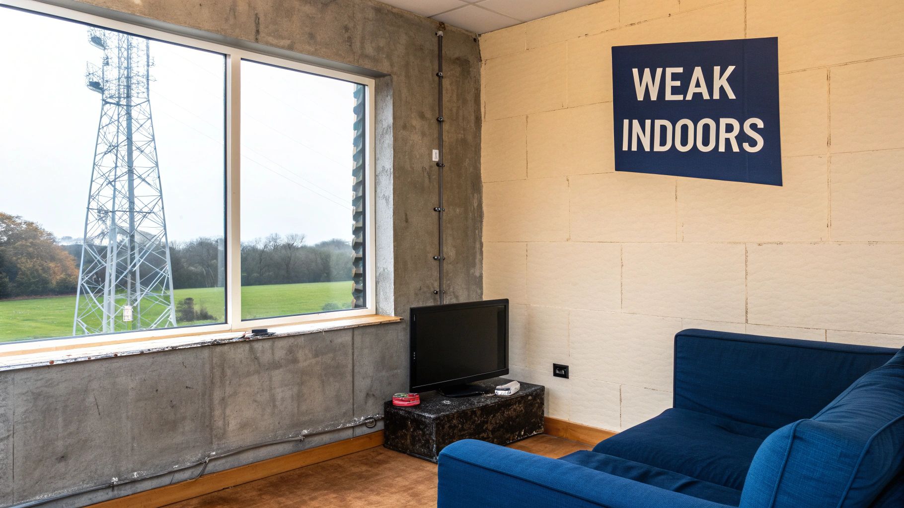 A person looking at their phone with a weak signal icon overlaid, with a house in a background.