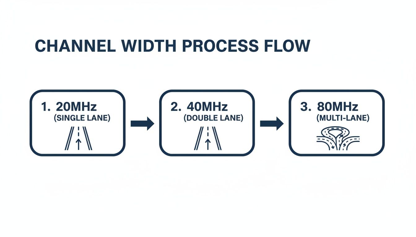 Diagram showing channel width process flow from 20MHz single lane to 80MHz multi-lane, using road metaphors.