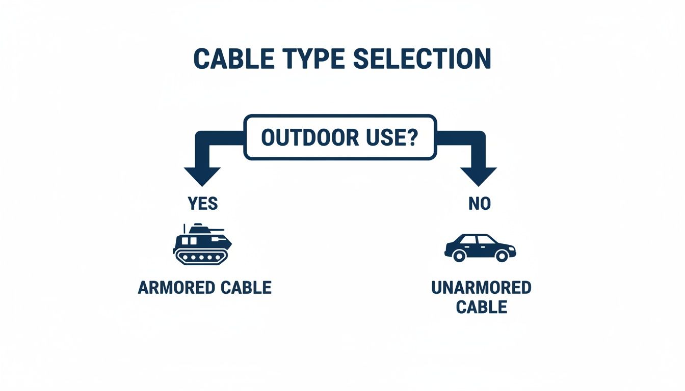 Flowchart explaining cable type selection: armored for outdoor use, unarmored for indoor use.