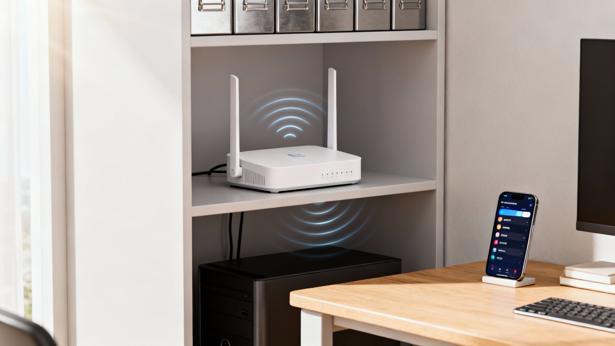 A white Wi-Fi router on a shelf with blue signal waves, and a smartphone on a wooden desk.