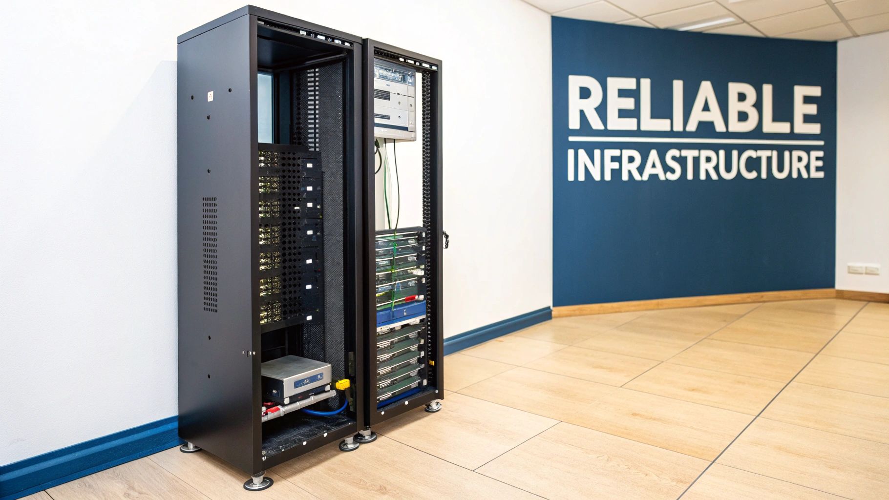 Two black server racks filled with network equipment in a modern office with 'Reliable Infrastructure' text.