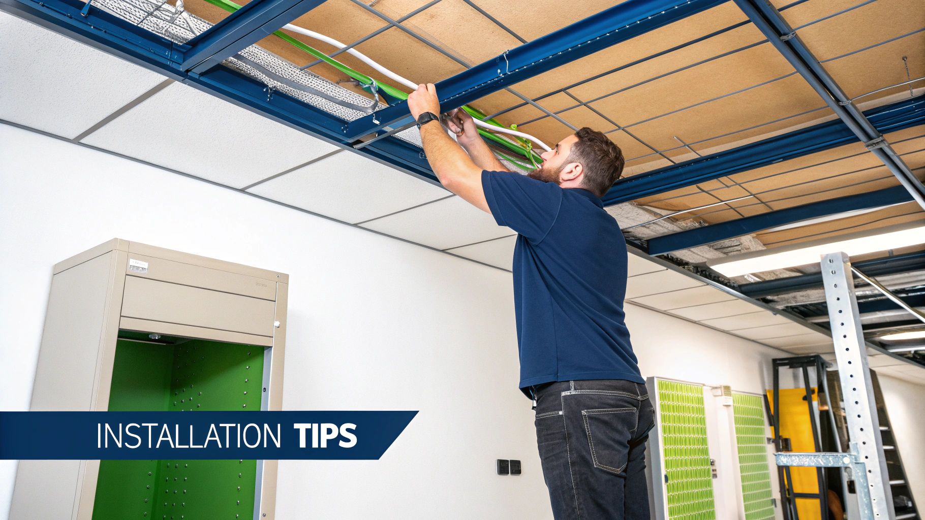 A man installs cables into blue cable trays on a ceiling, with an open cabinet nearby.