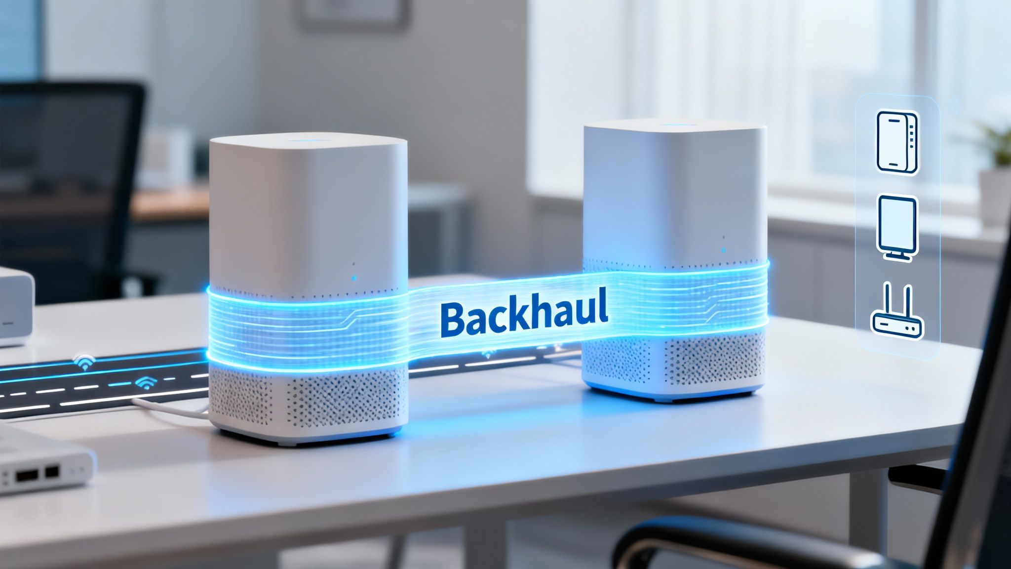 Two white mesh Wi-Fi devices demonstrate backhaul connection with glowing blue lines and network icons.