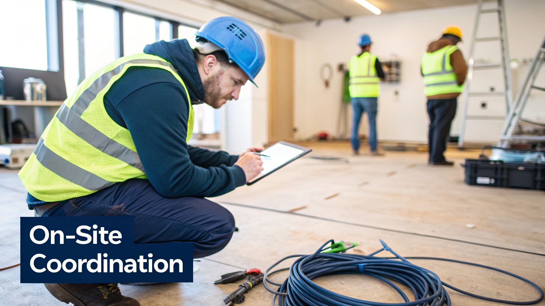 A construction worker in a hard hat and safety vest uses a tablet on an active job site.