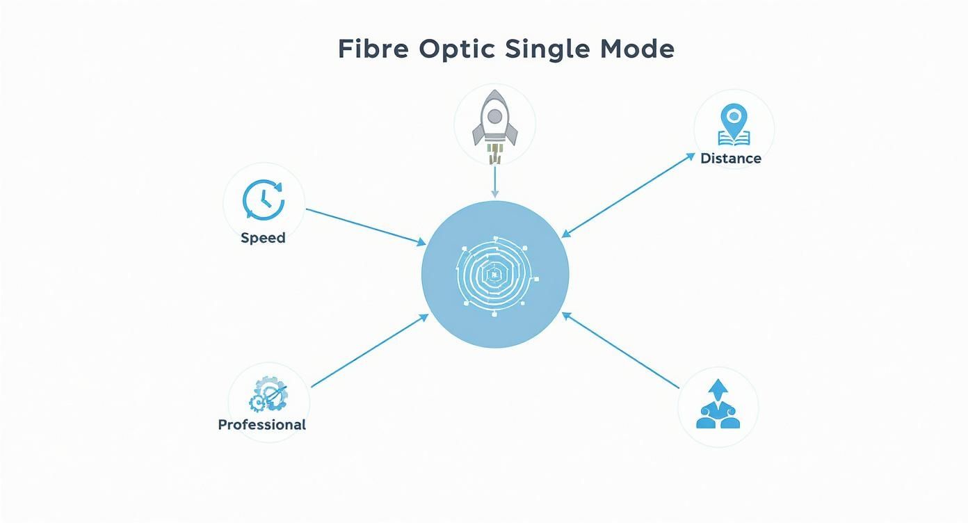 Infographic showing Fibre Optic Single Mode benefits: speed, distance, professional support, and performance.