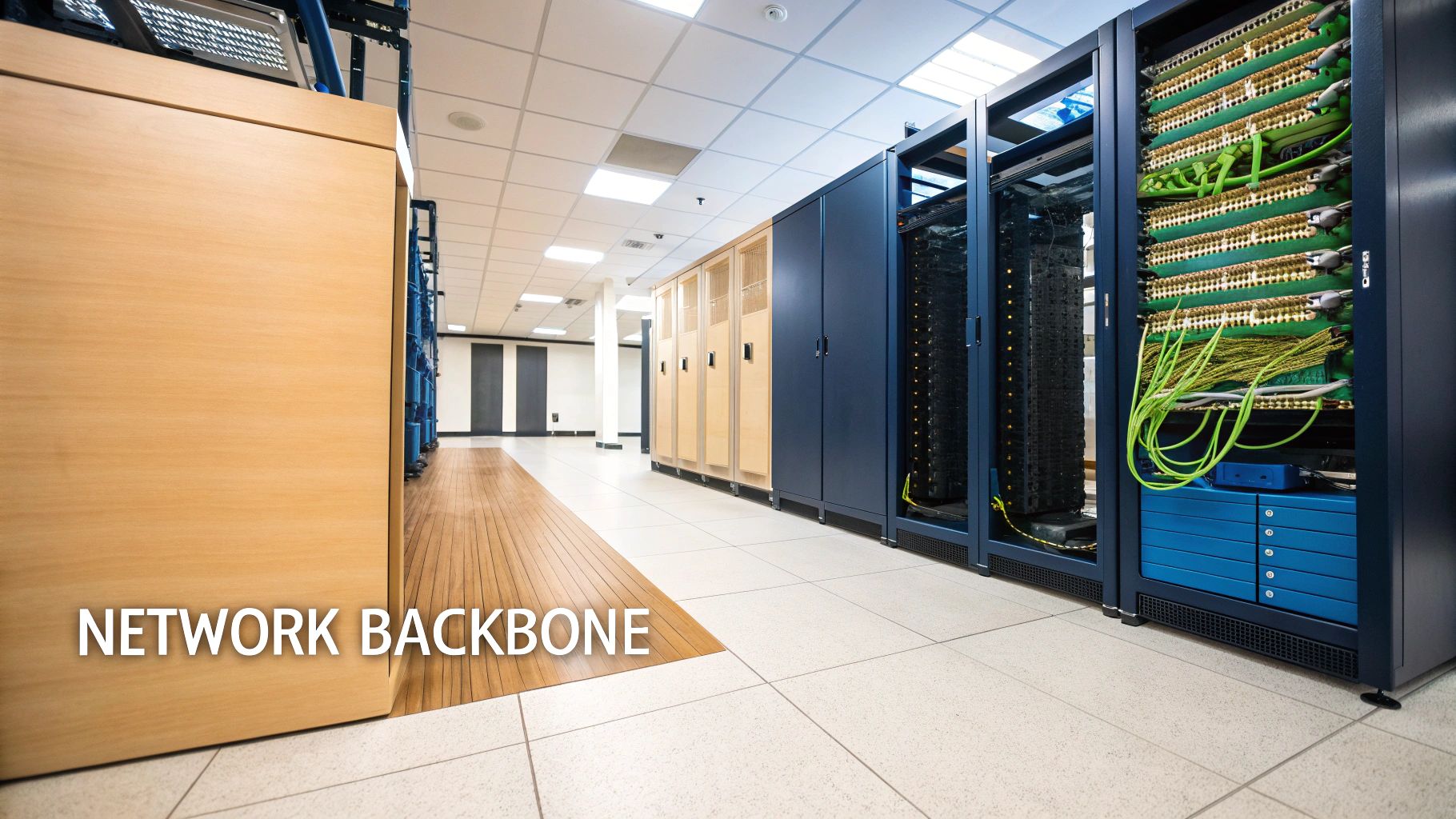 A long corridor in a modern data center with various server racks and network backbone infrastructure.