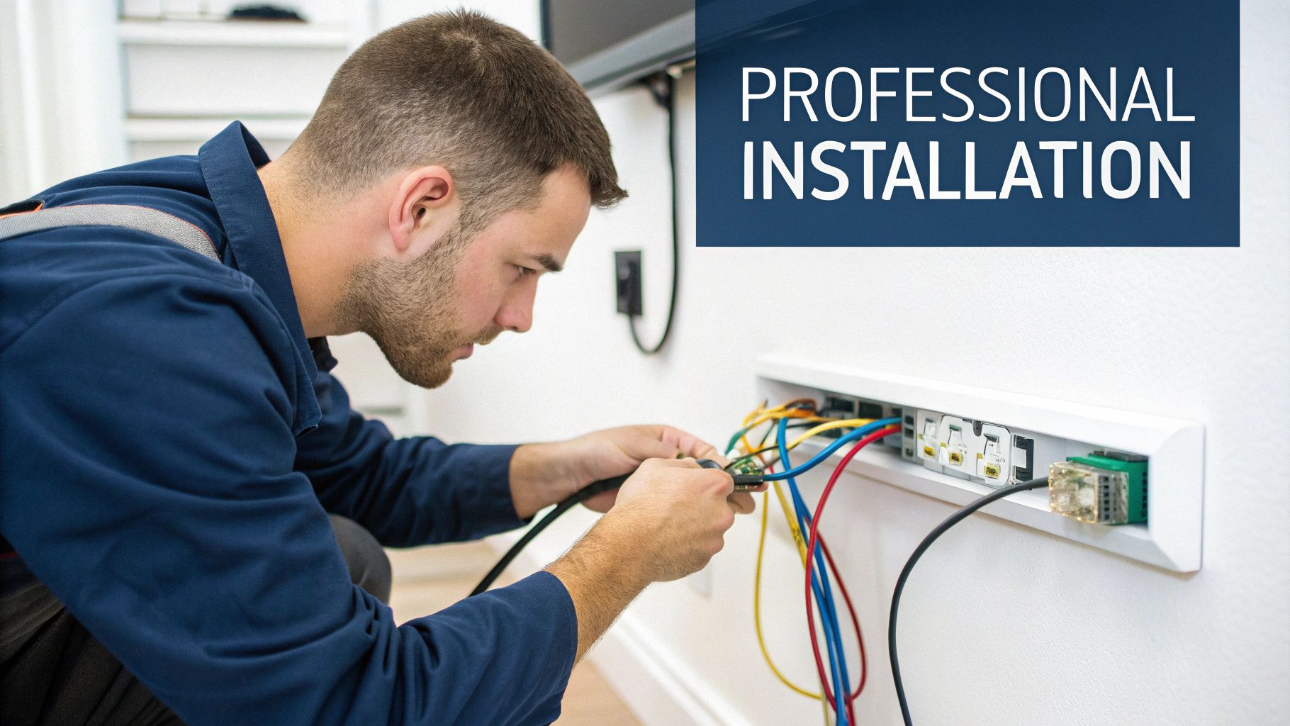 A professional technician carefully installing network and cable wiring into a wall-mounted panel.