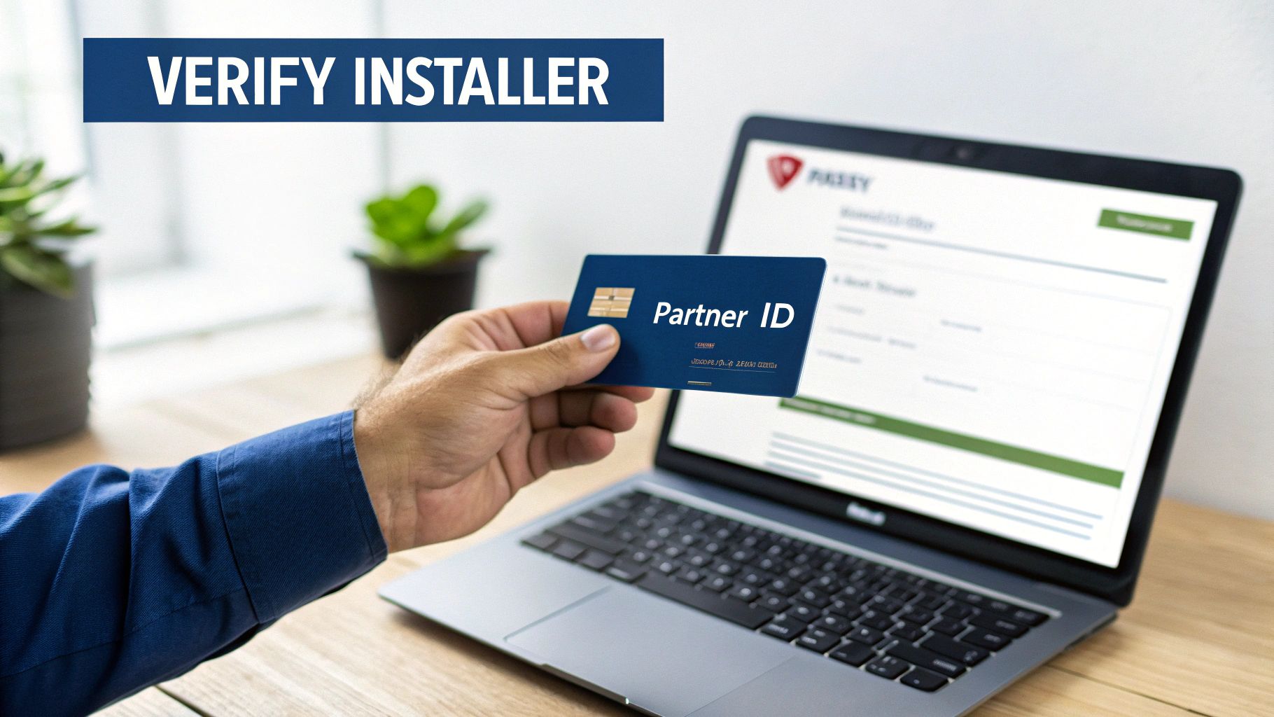 A hand holds a blue Partner ID card with a chip in front of a laptop showing a 'VERIFY INSTALLER' screen.