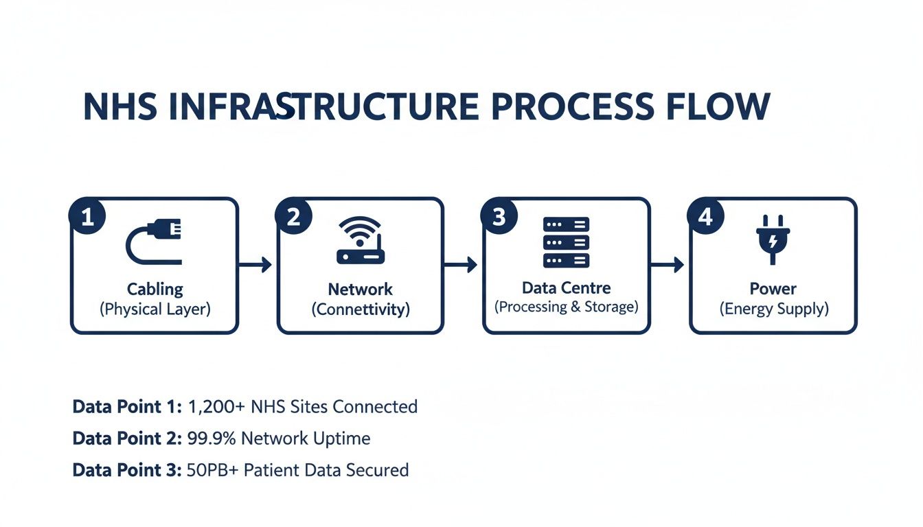 NHS infrastructure process flow diagram showing cabling, network, data centre, power, and key performance data points.