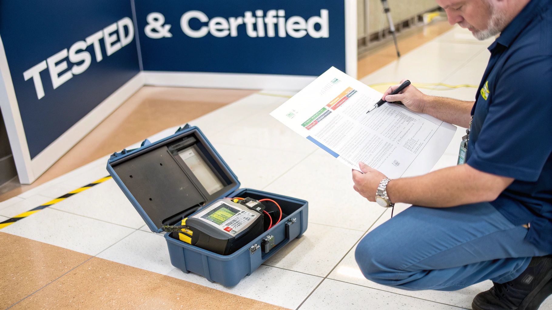 A technician inspects a document while next to an open case of electronic testing equipment.