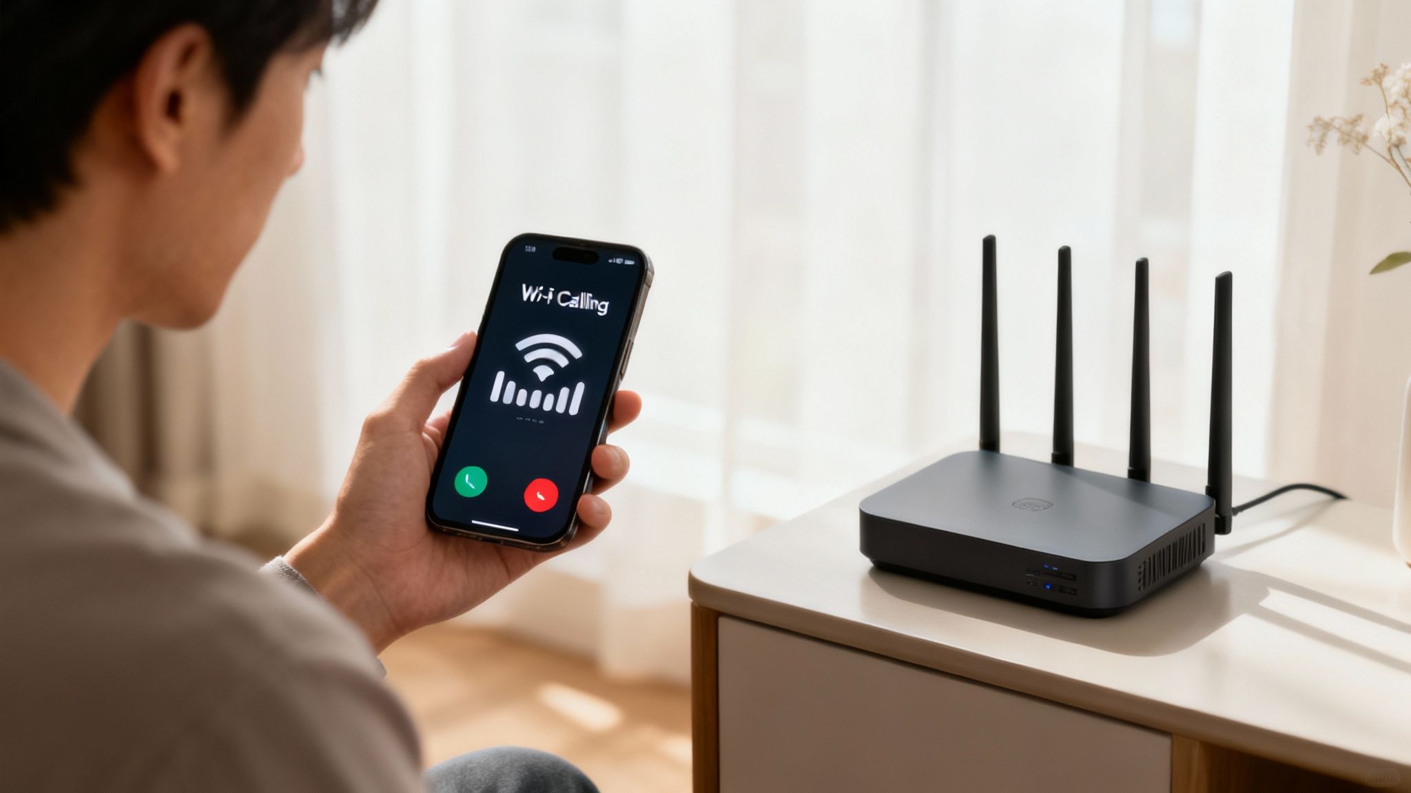 A smartphone displaying a Wi-Fi Calling icon next to a Wi-Fi router.