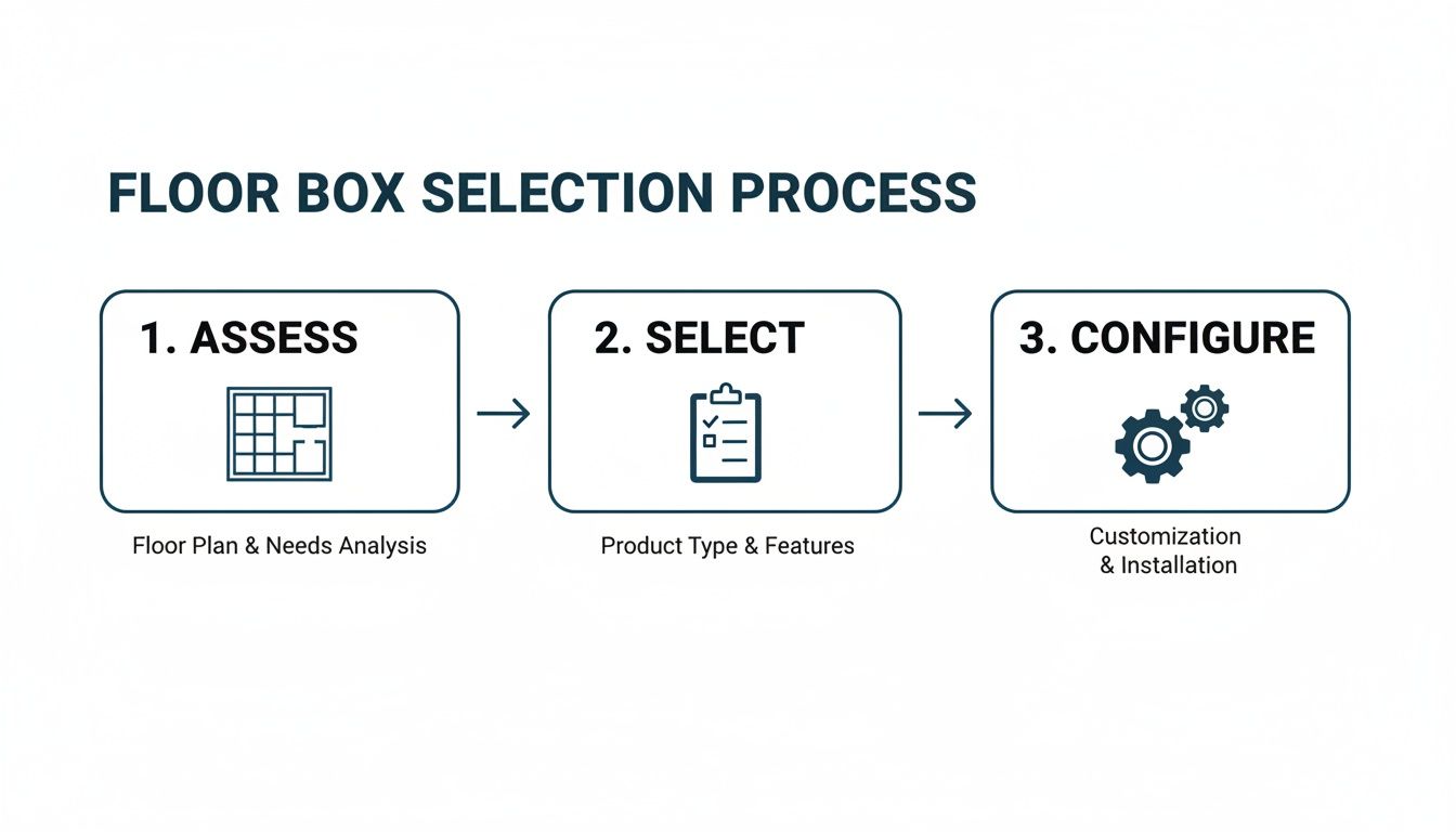 Diagram illustrating the floor box selection process: assess needs, select product, and configure installation.