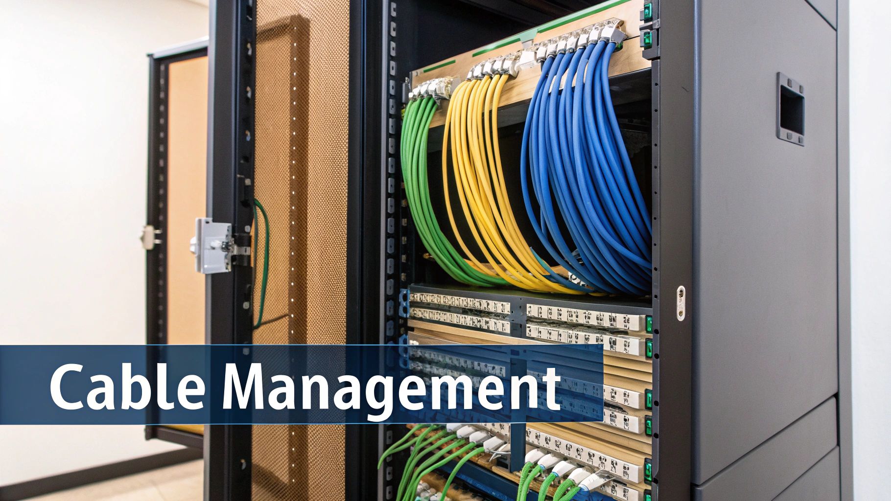 Neatly organized green, yellow, and blue network cables connected to patch panels in a server rack.