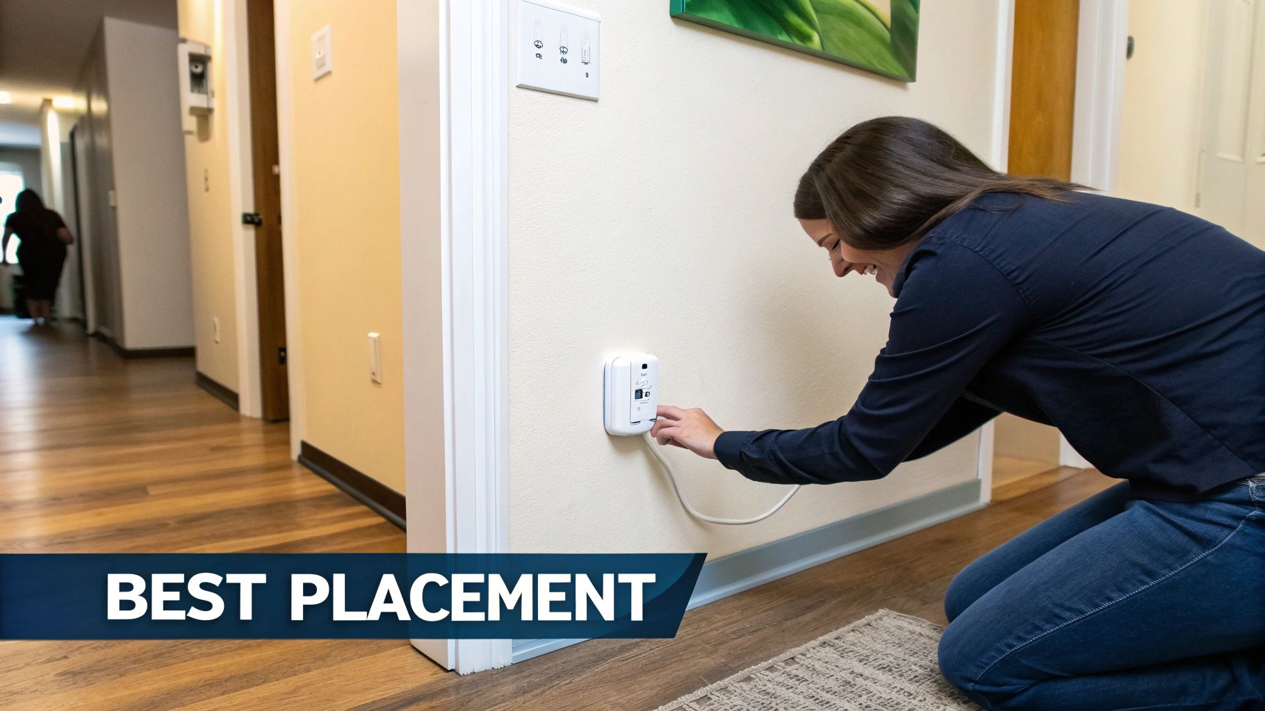A person plugging a WiFi range extender into a wall socket in a hallway, halfway between the living room and an upstairs bedroom.