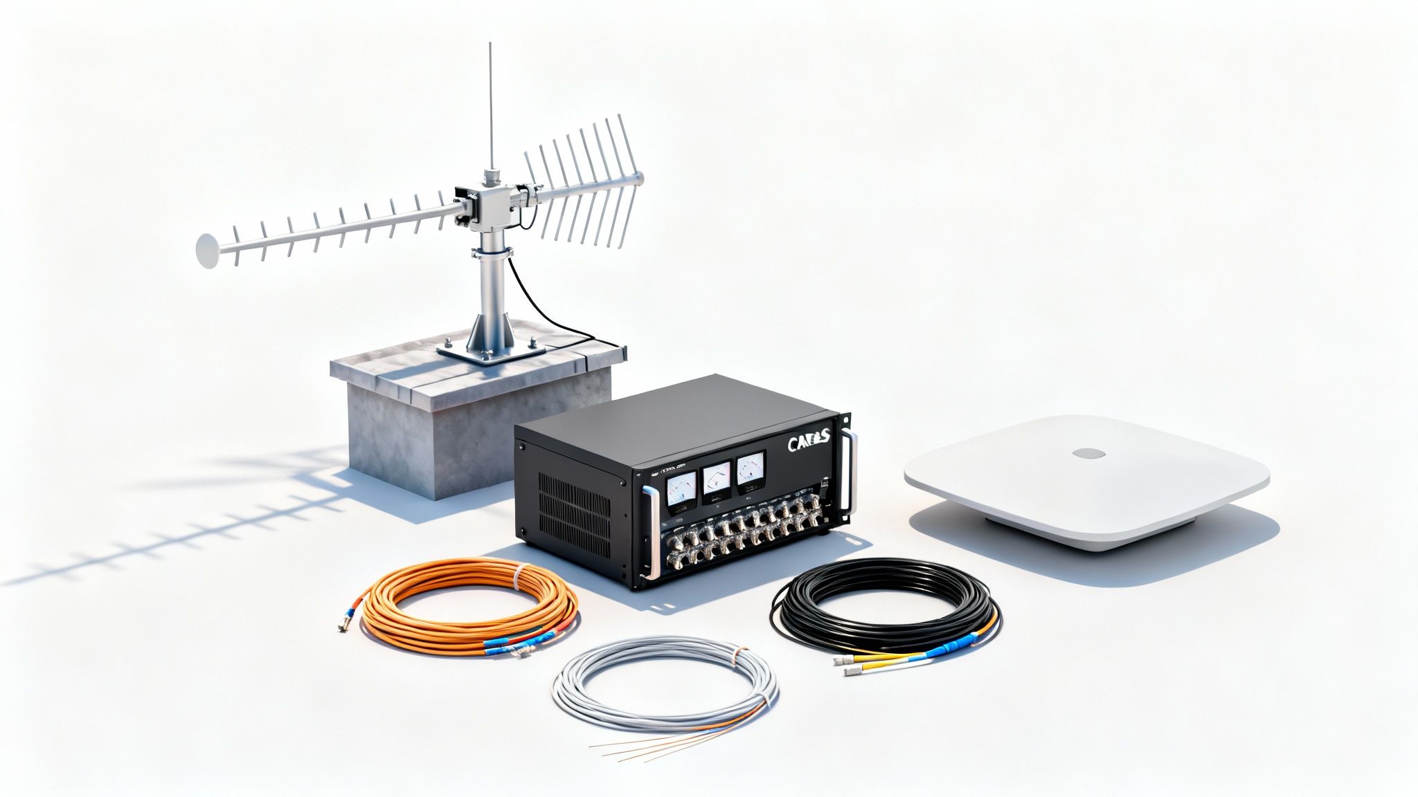 Various components of a Distributed Antenna System (DAS) including an outdoor antenna, central unit, and cables.