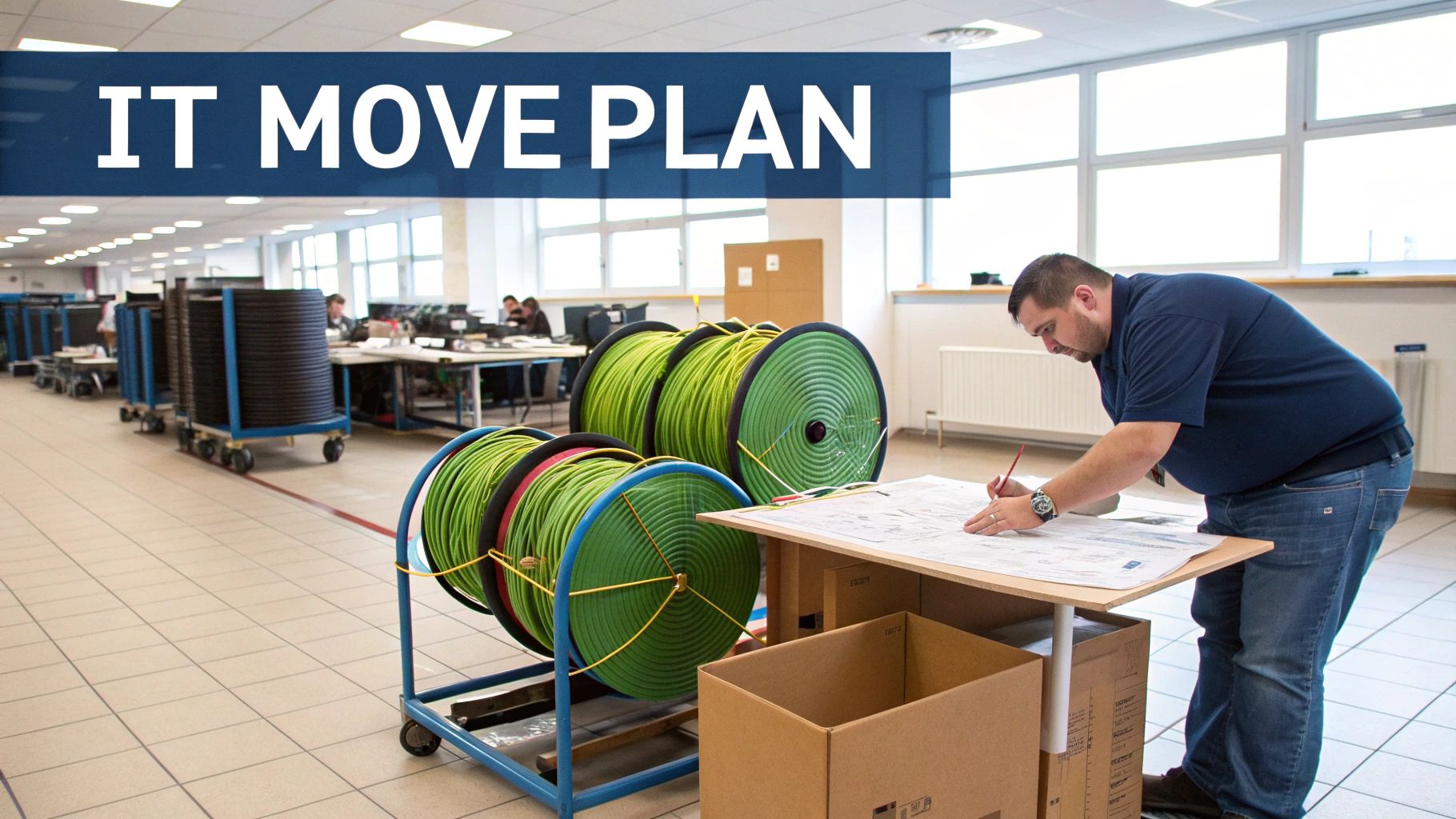 A man in a blue shirt reviews a technical plan, surrounded by large spools of green network cables.