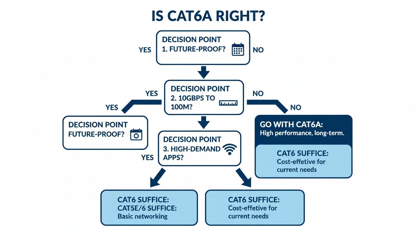 Flowchart guiding users on whether to choose Cat6A, Cat6, or Cat5e cables based on network needs.