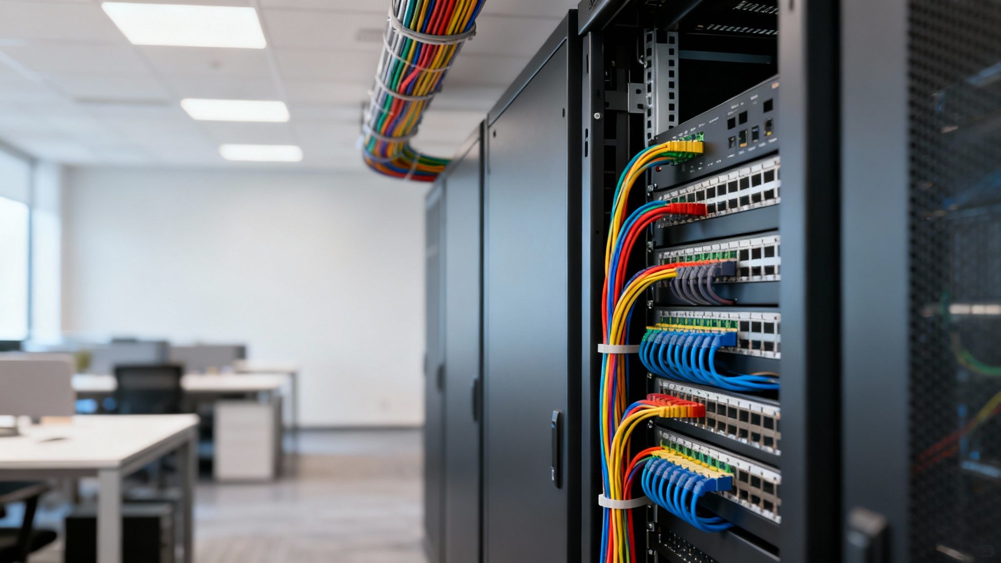 Close-up of server racks with colorful network cables neatly organized in a modern office data center.