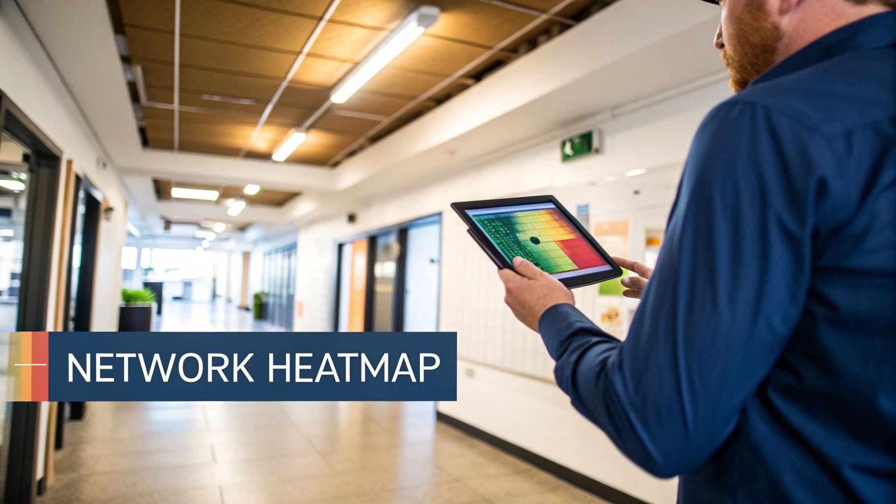 A man holds a tablet displaying a network heatmap in an office hallway, with 'NETWORK HEATMAP' text.