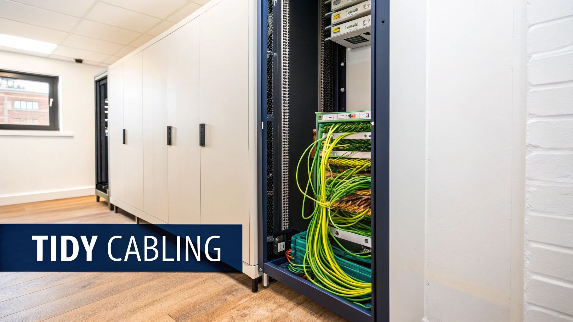 Neatly organized green and yellow network cables inside an open server rack in a modern data room.
