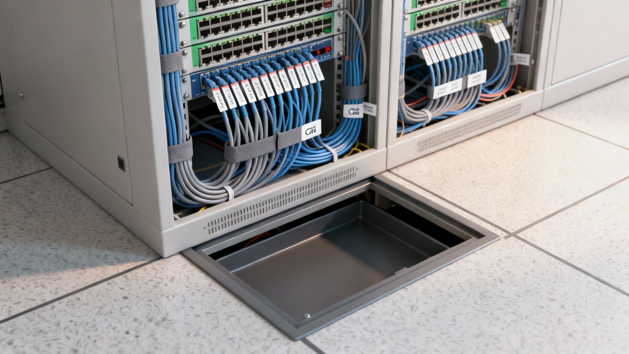 Professionally organized network server racks with blue and grey cables, connecting to switches, with an open floor panel.