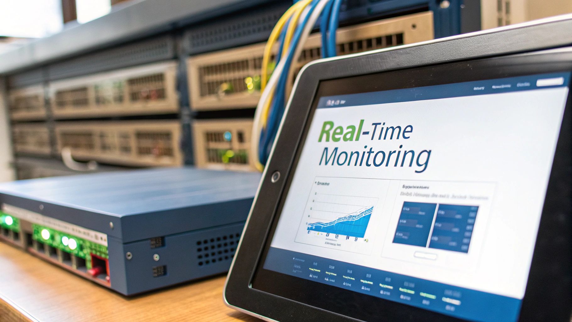 A tablet displays real-time network monitoring data next to a network switch and server racks.