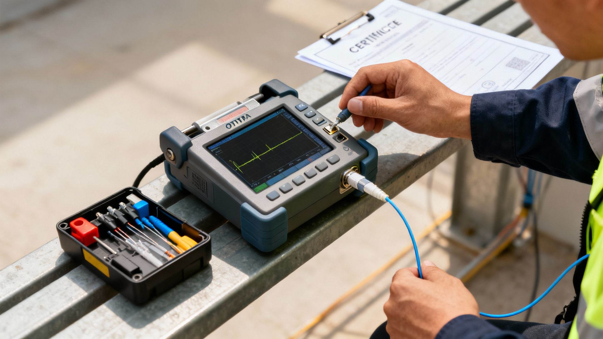 A technician connects a fibre optic cable to an OTDR device showing a test waveform.