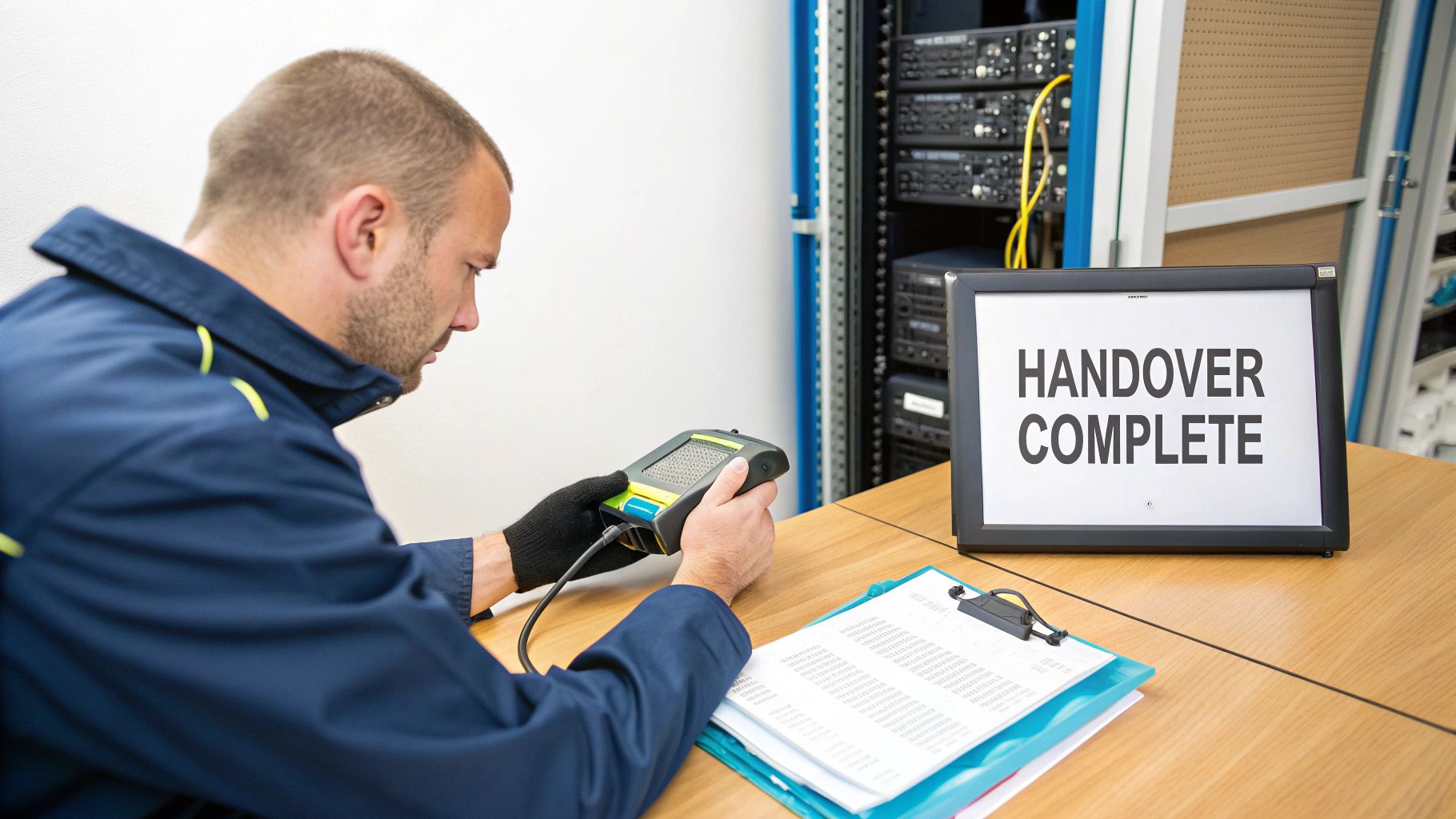 Technician in blue uniform operating a device, with 'HANDOVER COMPLETE' displayed on a monitor.