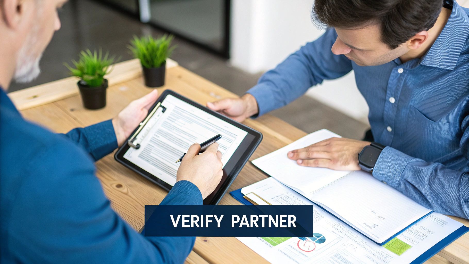 Two businessmen reviewing documents and charts at a table, discussing partnership verification.