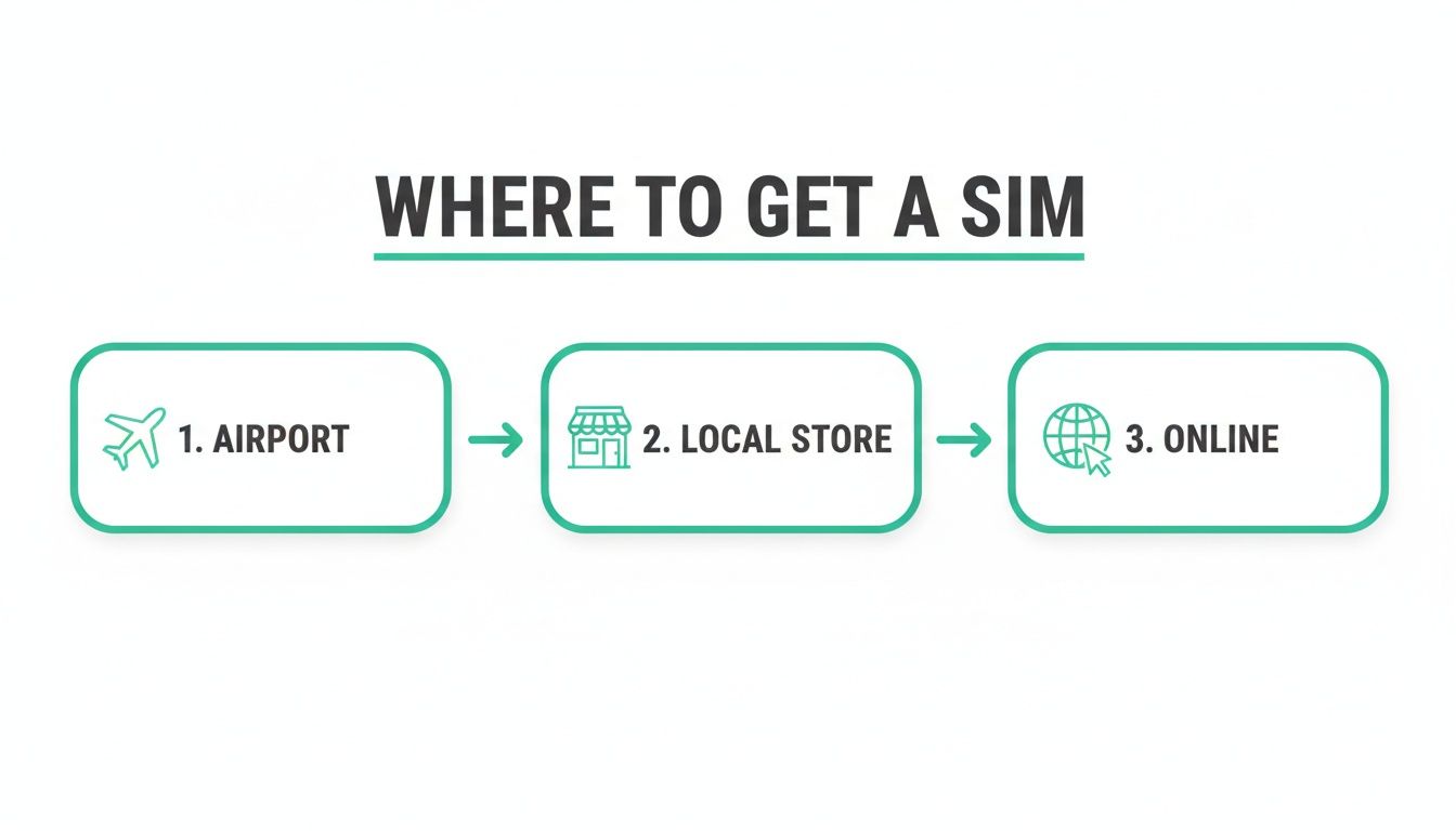 Flowchart illustrating three common places to get a SIM card: airport, local store, and online.
